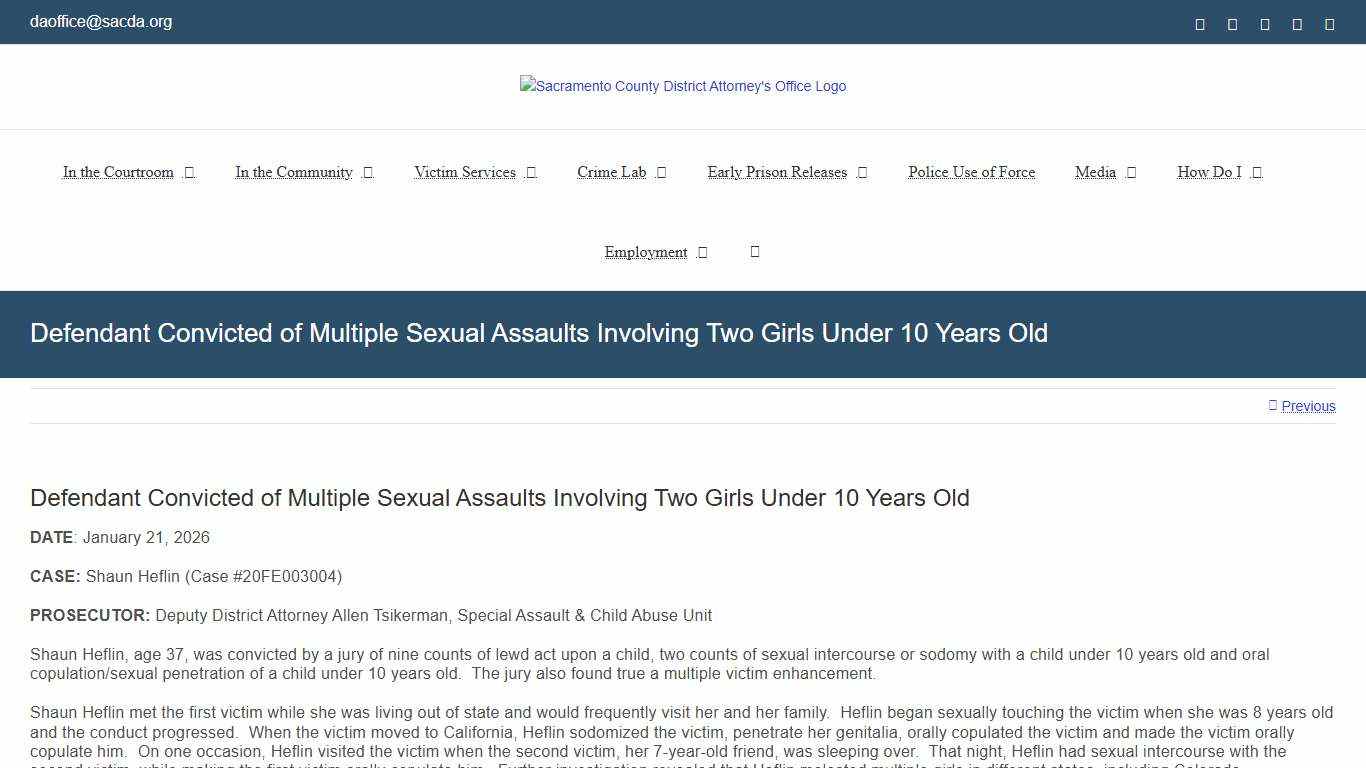 Defendant Convicted of Multiple Sexual Assaults Involving Two Girls Under 10 Years Old – Sacramento County District Attorney's Office